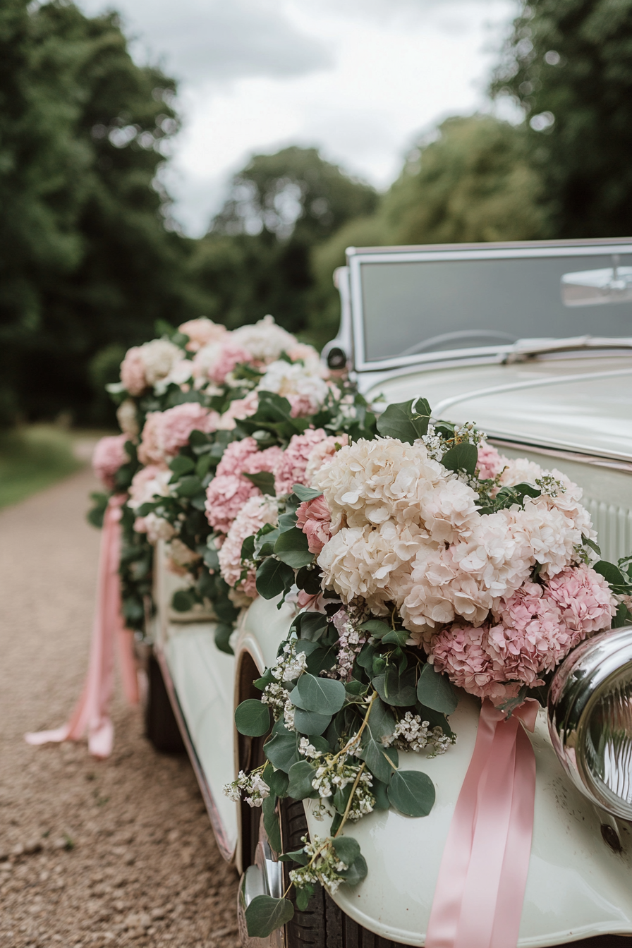 Wedding transport design. Vintage car draped in pastel hydrangea garlands and blush pink ribbons.