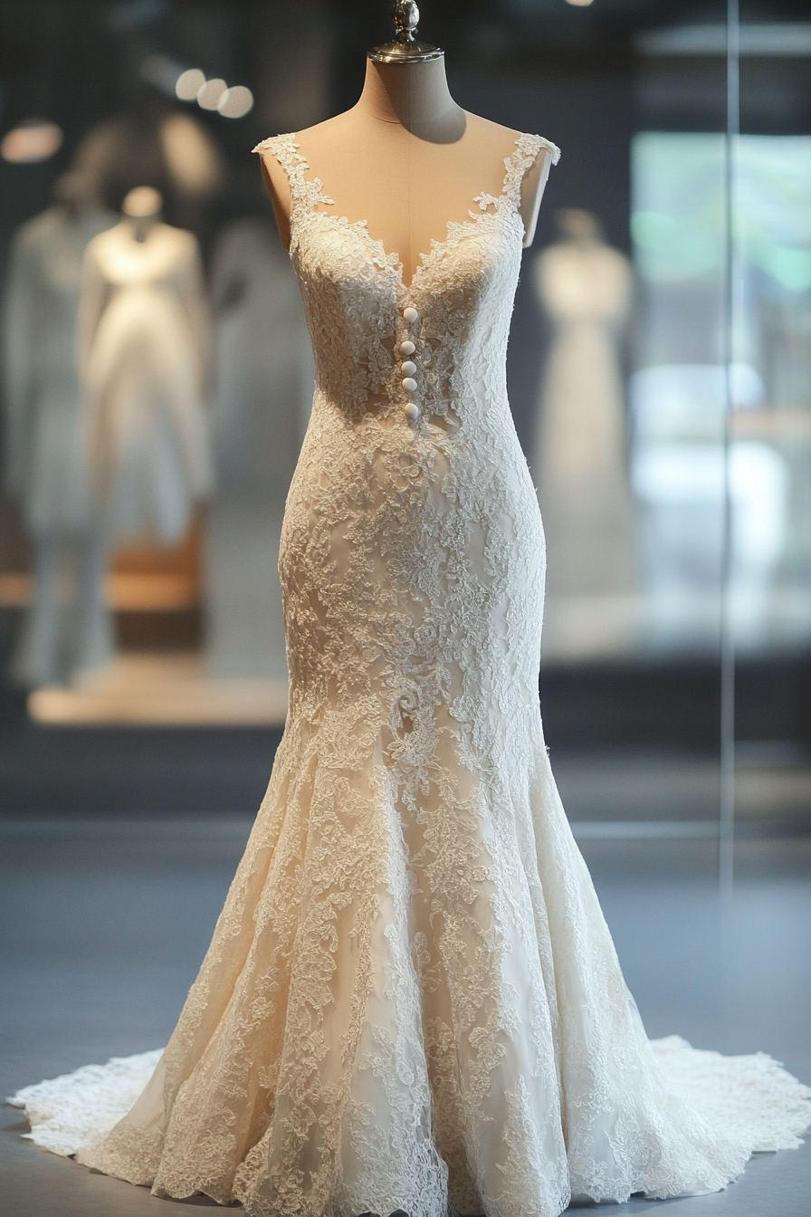 Wedding dress collection. Chantilly lace mermaid gown with pearl buttons.