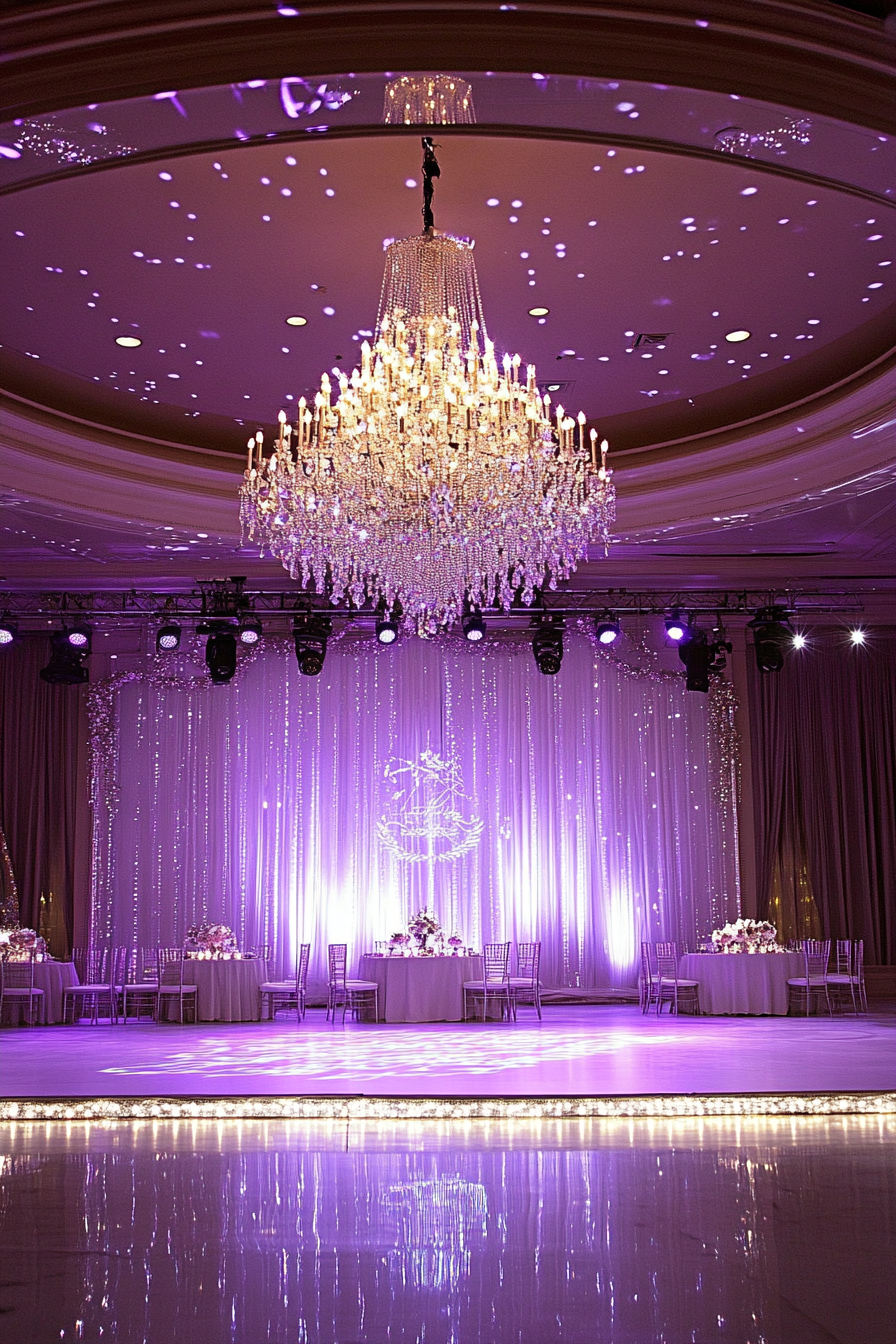 Wedding entertainment space. Crystal chandelier with LED borders and monogram projection on stage.