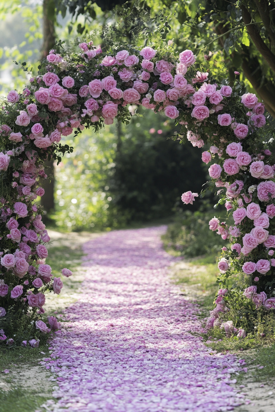 Wedding ceremony. Baby pink roses embellishing an ivory arch, with soft lavender petal pathways.