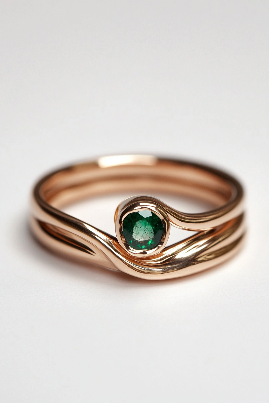 Wedding ring collection. Rose gold band with hidden emerald.