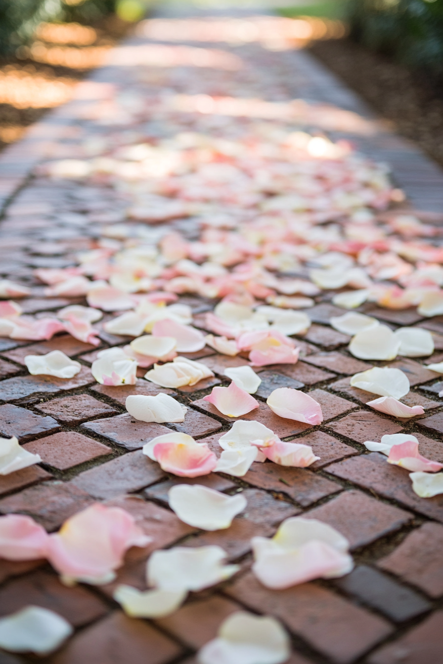 Wedding garden ceremony. Petal pathway on herringbone brick.