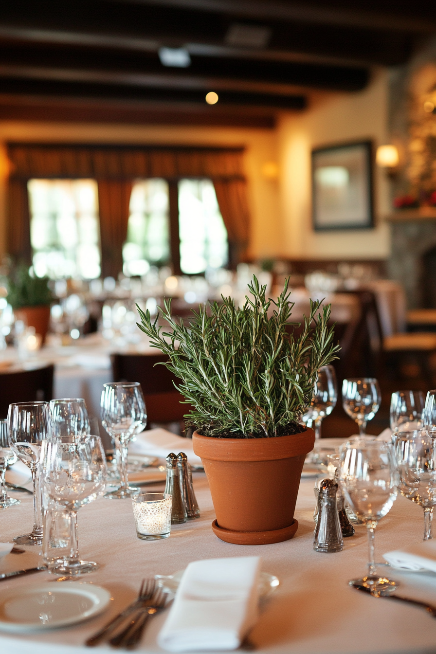 Wedding reception setup. Rosemary sprigs in terra-cotta potted centerpieces.