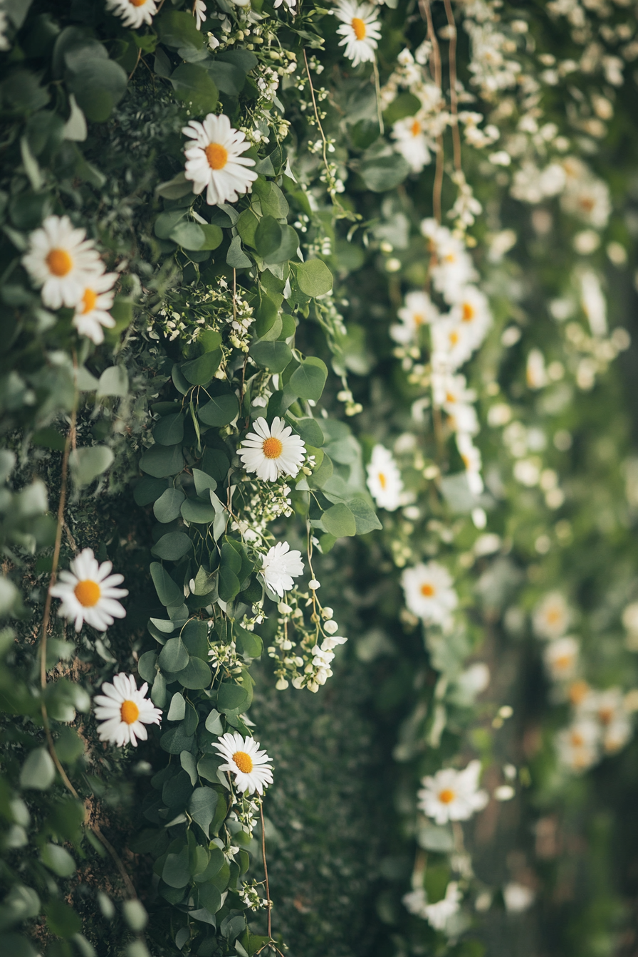 Wedding Ceremony Backdrop. Eucalyptus garlands and daisy wall.