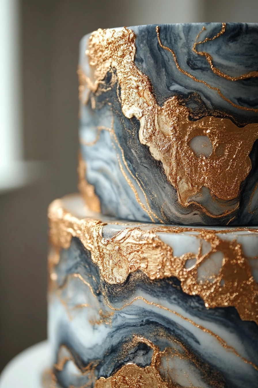 Wedding cake design. Metallic tiers with gold veining.