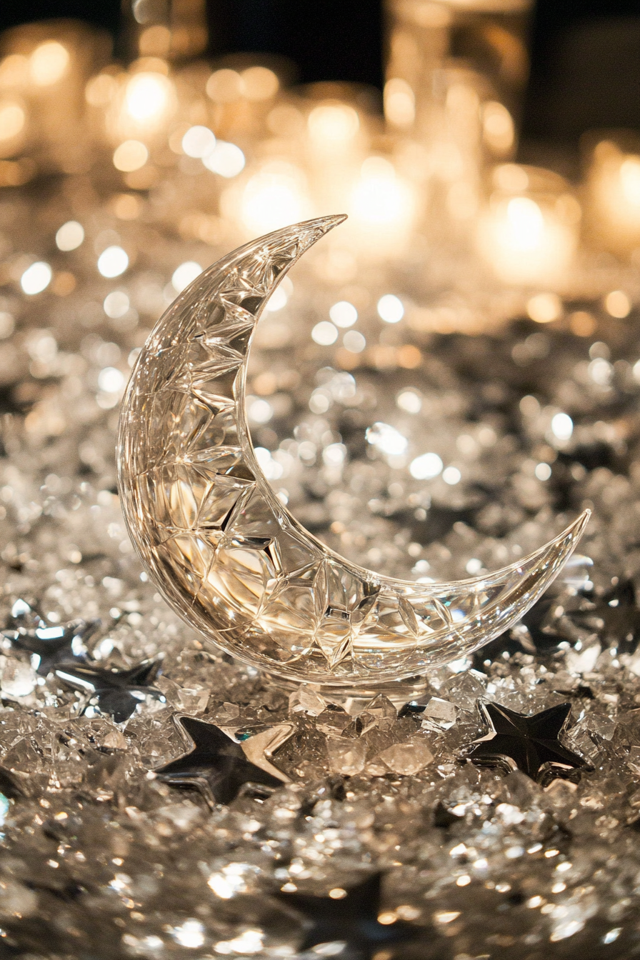 Wedding decor. Silver star-studded tablecloth under a crystal moon phase centerpiece.