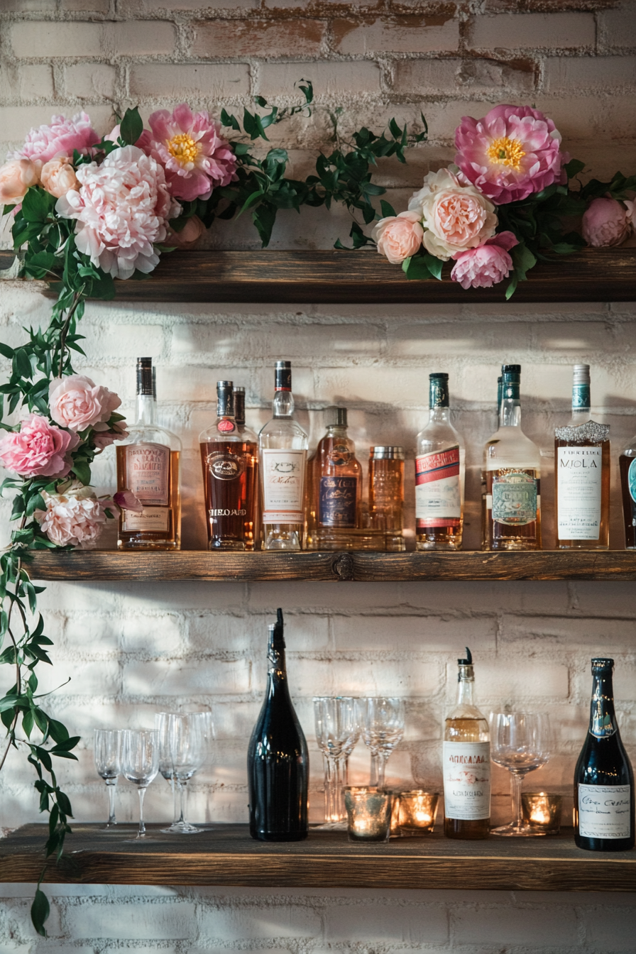 Wedding bar display. Floating shelves in worn mahogany adorned with peony floral garlands.