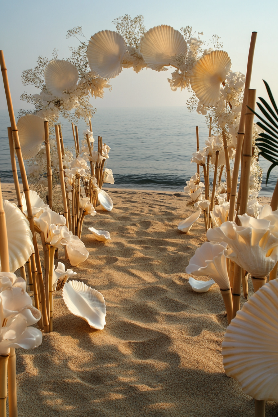 Wedding setup. Ivory shell arch on sandy beach with seafoam floating flowers and bamboo tiki torches.