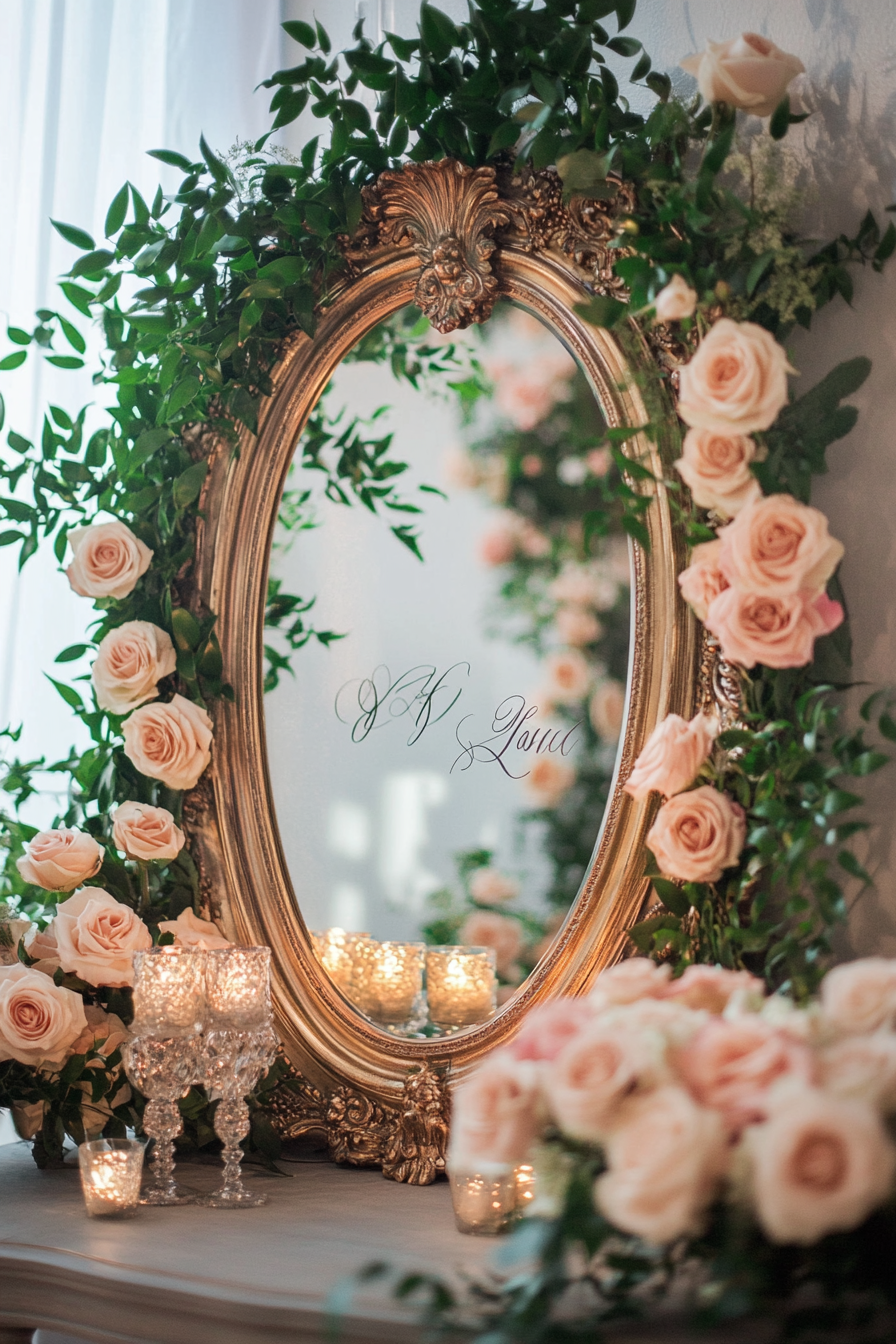 Wedding entrance display. Mirror calligraphy on vintage mirror with ascending roses frame.