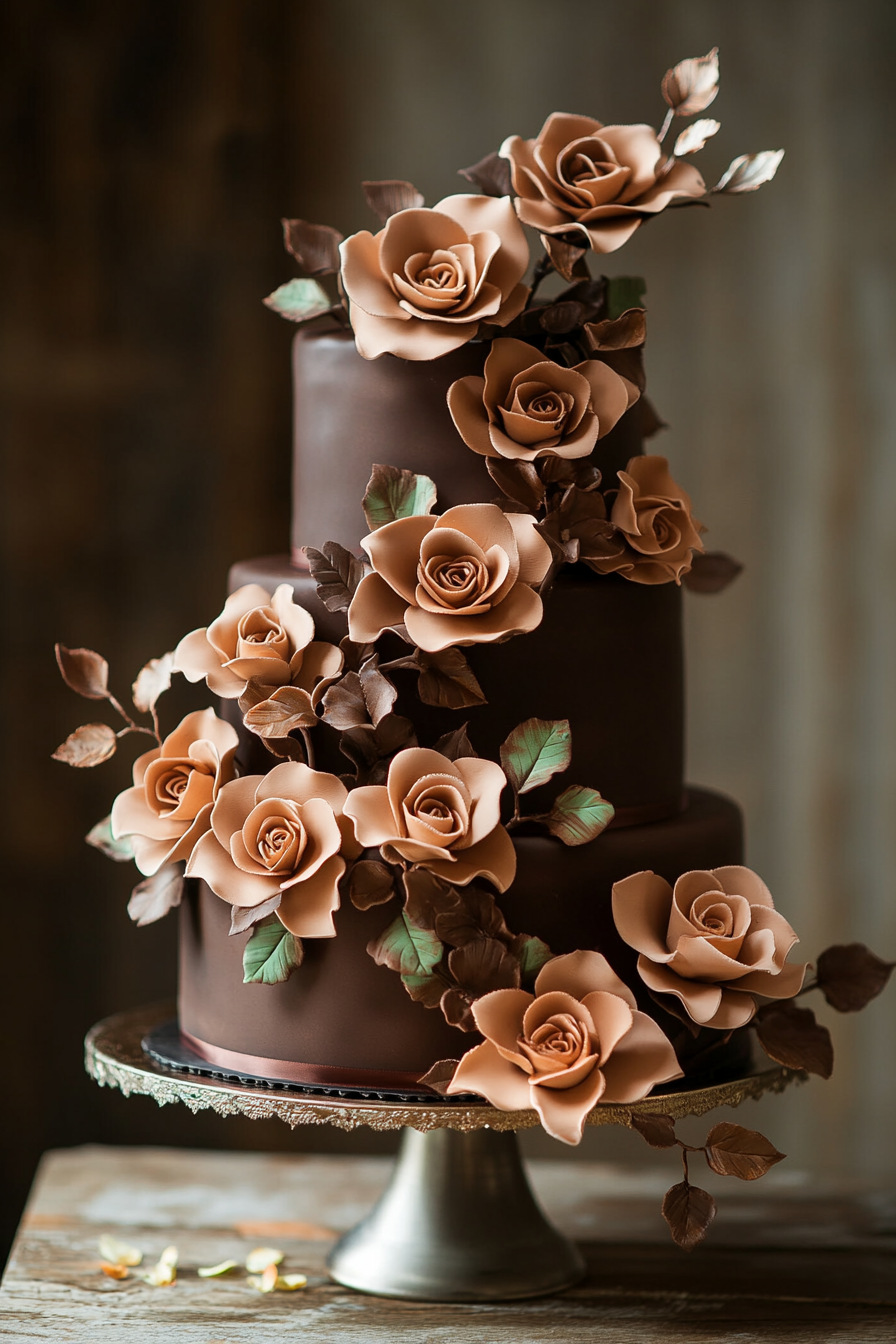 Wedding dessert display. Chocolate cake adorned with handcrafted sugar roses and cascading petals.