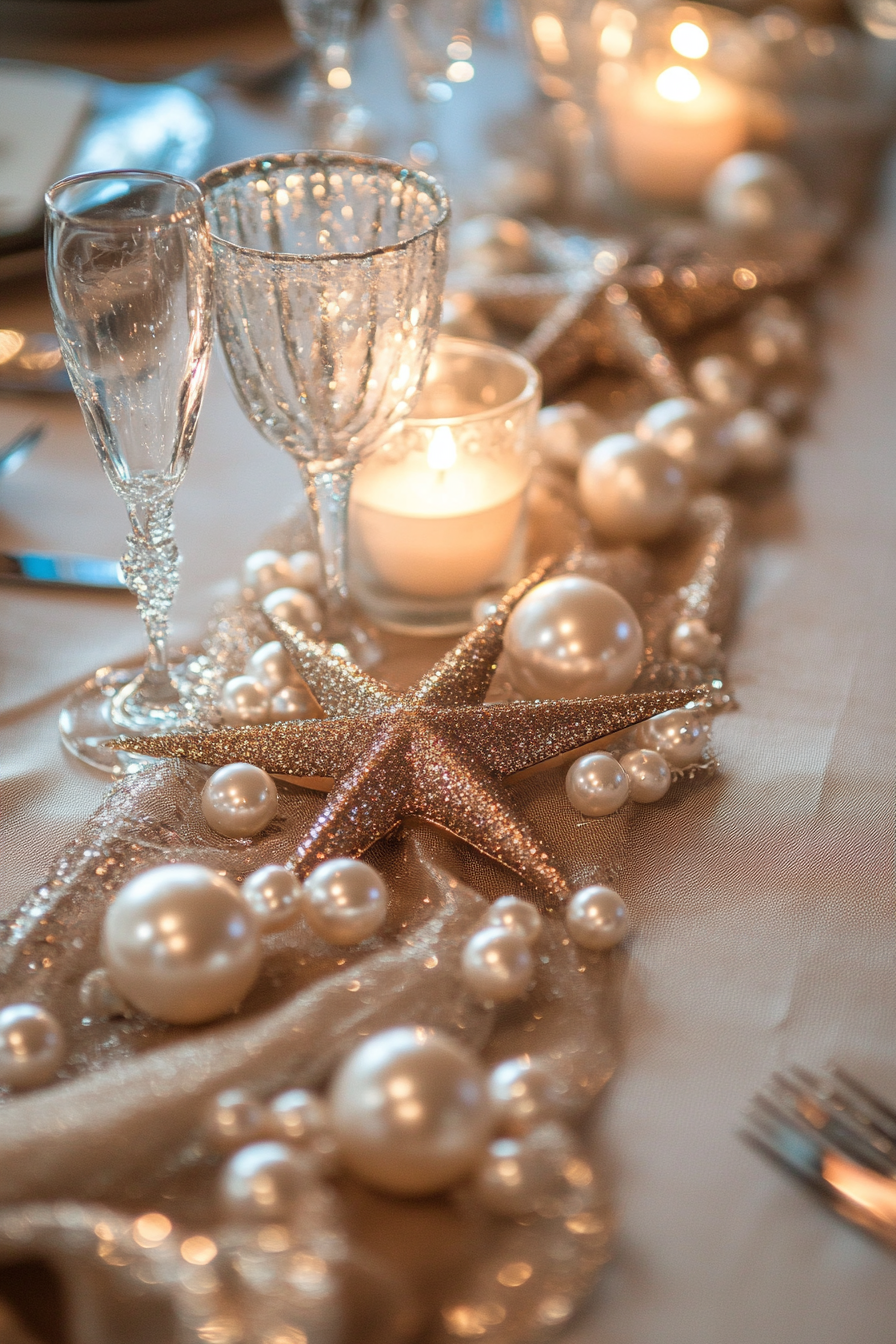 Wedding decor collection. Star motif table runner with celestial pearls.