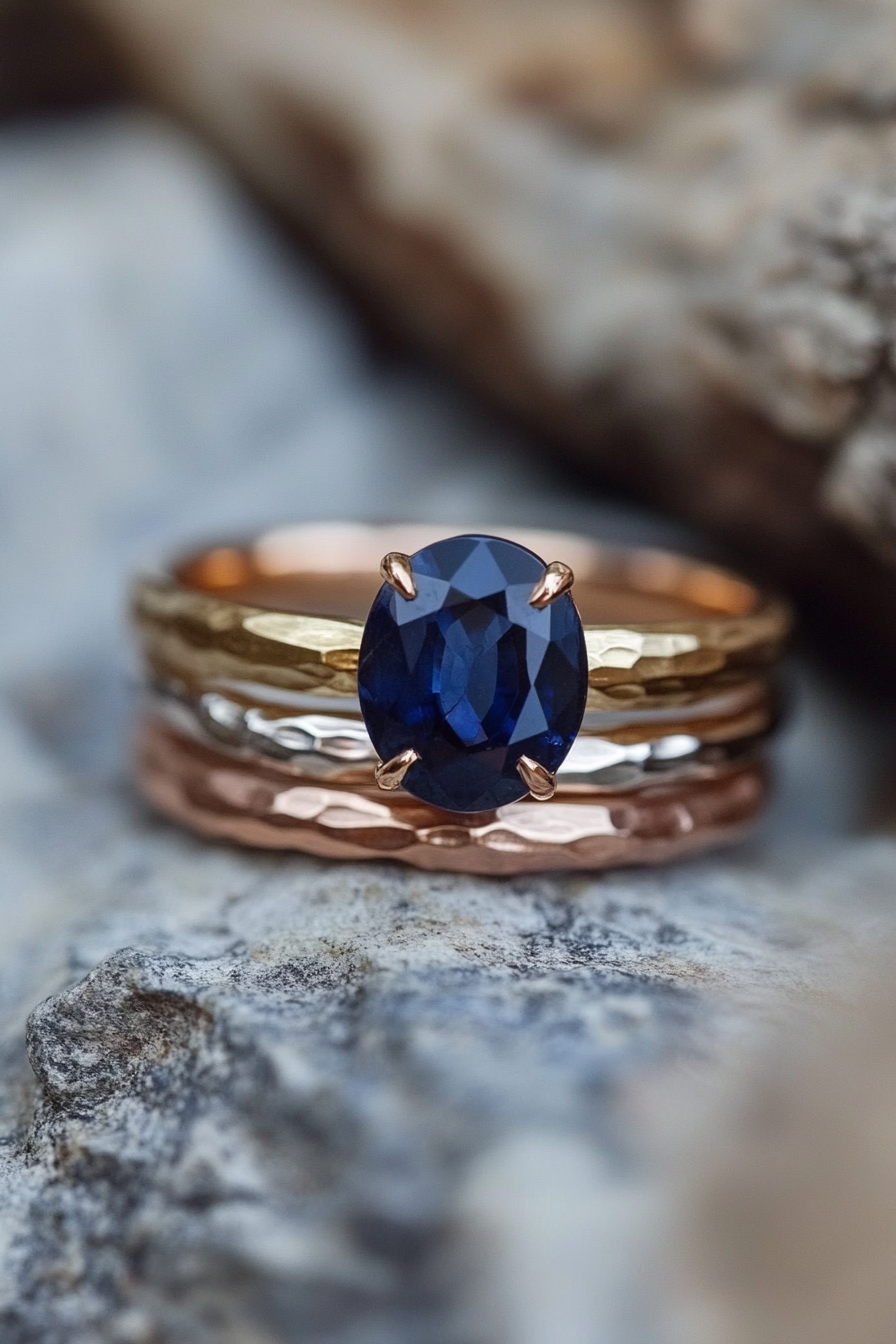 Wedding Ring Collection. Oval sapphire on hammered rose and yellow gold band.