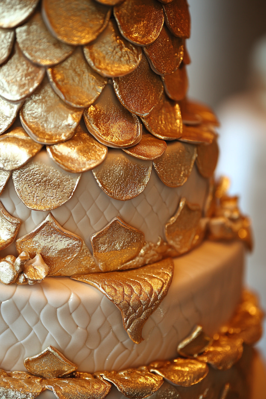 Wedding cake display. Gold mermaid-scales patterned hand-painted fondant decorated with edible gold leaf.