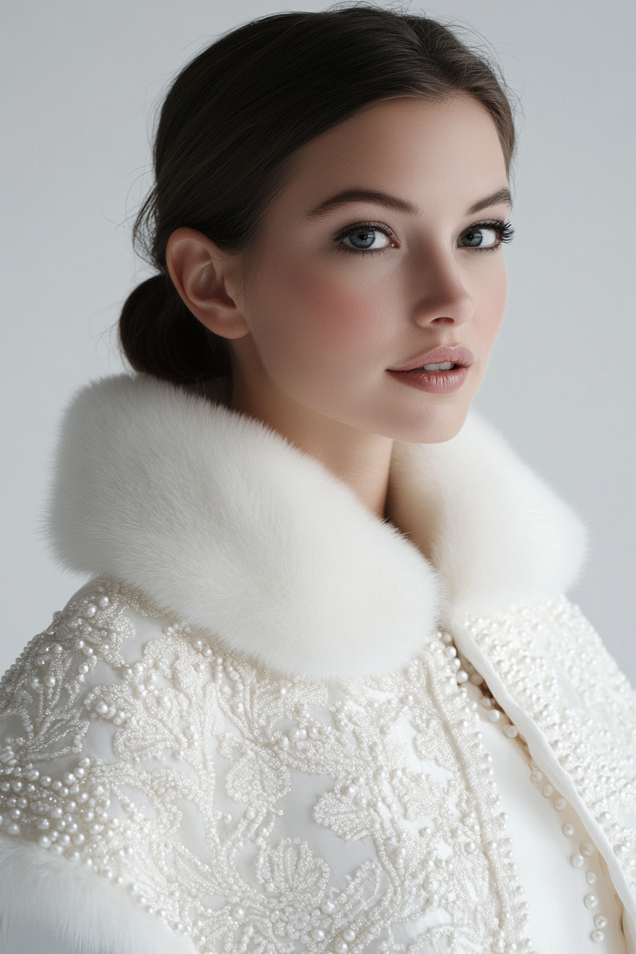 Wedding outerwear. White velvet capelet with pearl beading and faux fur trim.