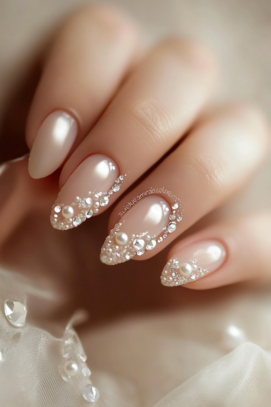 Wedding day manicure. French tips with pearl accents and small crystal details.