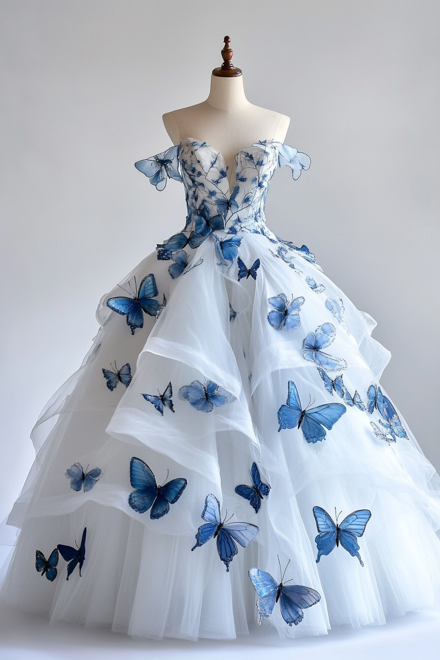 Wedding ball gown. Tulle layers with blue butterfly appliques.