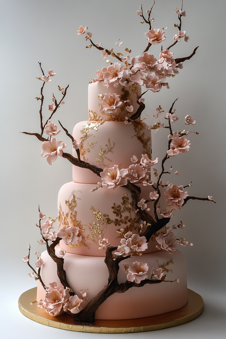 Wedding cake display. Blush pink fondant with gold leaf and intricate hand-painted blooms.