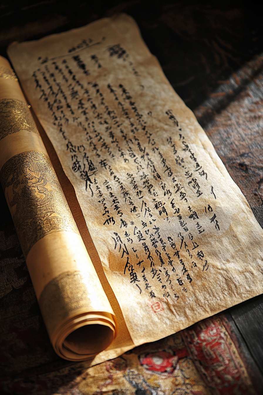 Wedding ceremony feature. Hand-written calligraphy scrolls in ancient script, highlighted with gold leaf.