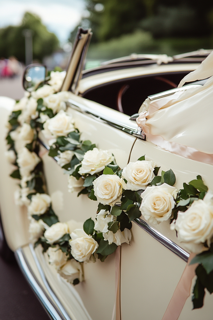 Wedding transport design. Antique classic car draped with white rose garlands and pastel ribbon streams.