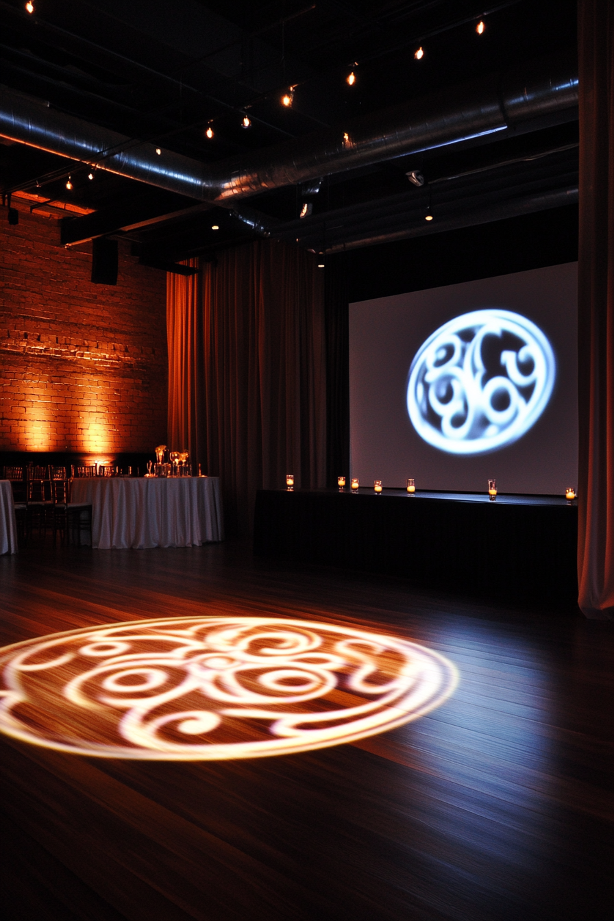 Wedding entertainment space. Monogram projection on wooden floor, and LED lit wall edges.