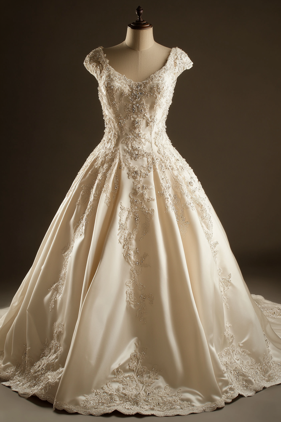 Wedding Gown. Ivory color, cathedral train, bodice decorated with Swarovski crystals.