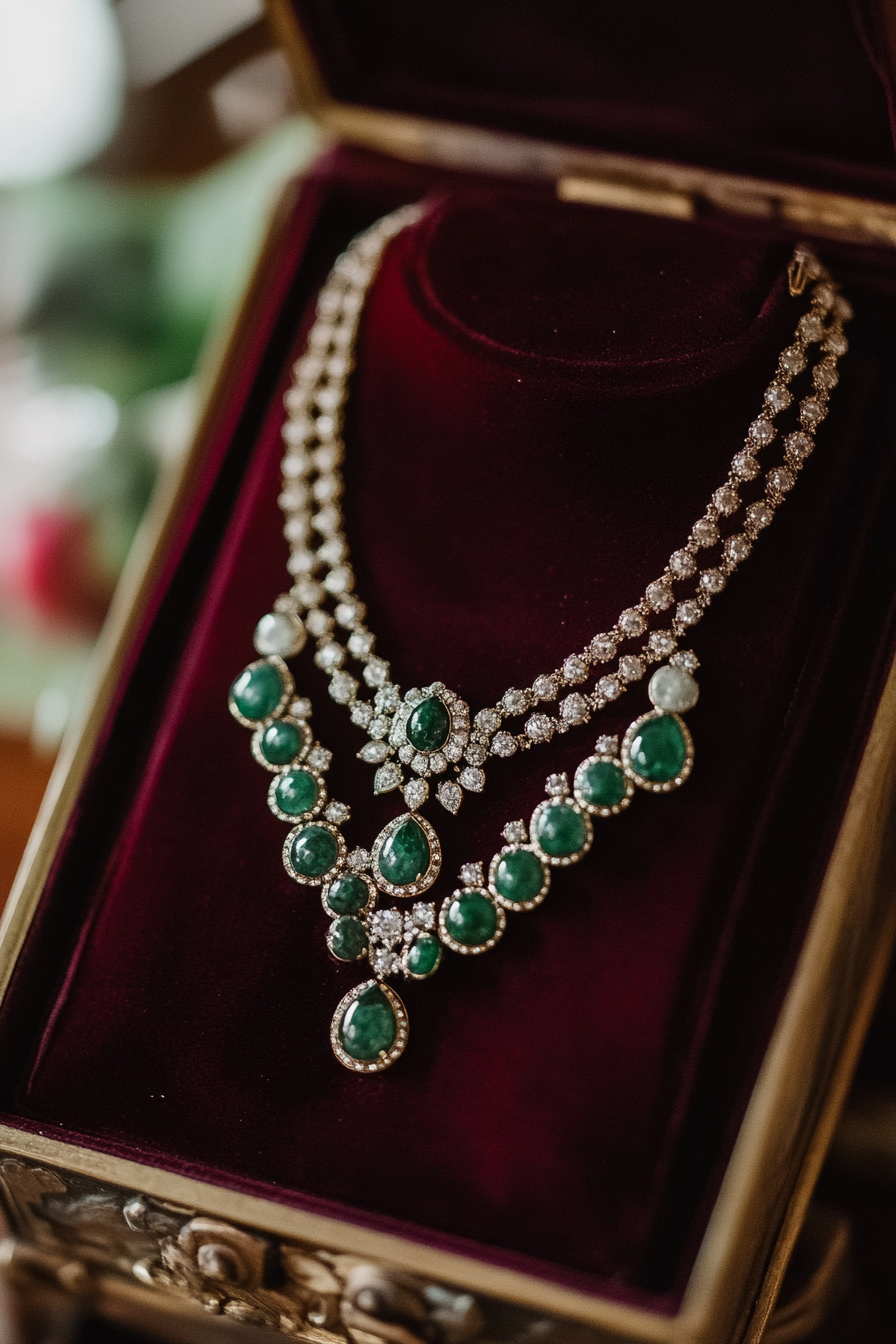 Wedding jewelry. Emerald necklace on a burgundy velvet box.