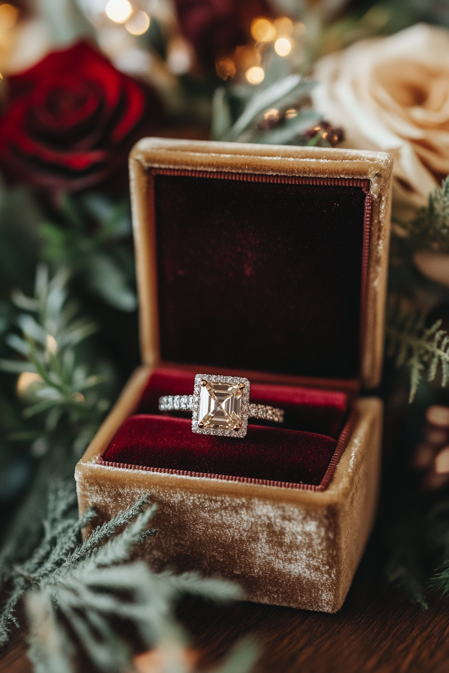 Wedding Jewelry Showcase. Velvet box with princess-cut diamond engagement ring.