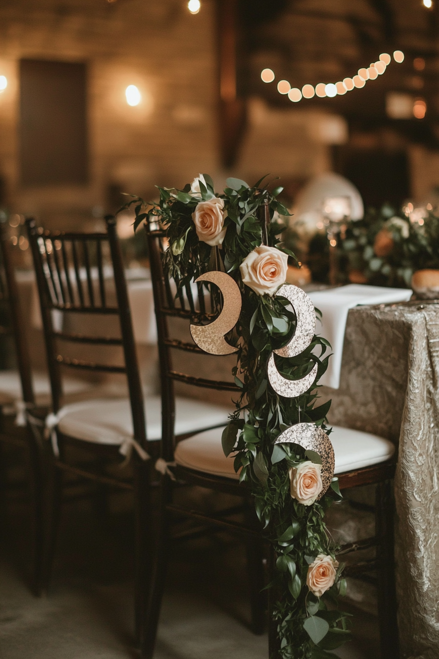 Wedding decor. Moon phase garland draped over reception chair.