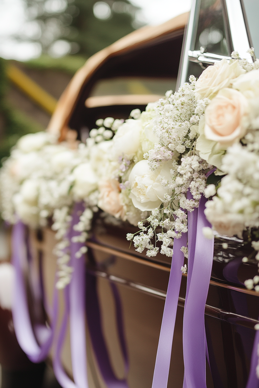 Wedding transport design. Vintage car decorated with off-white flower garlands and lavender ribbon streams.