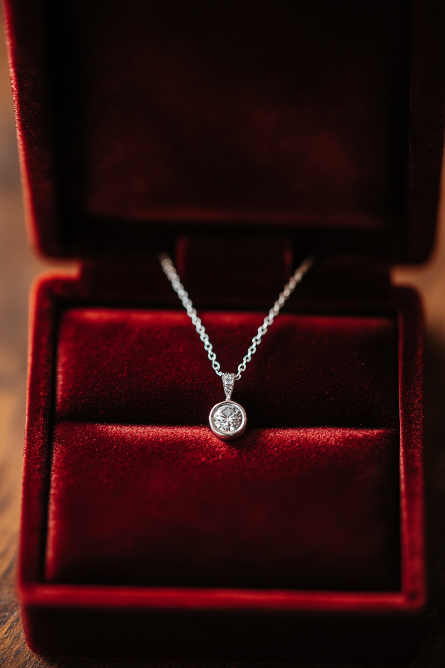 Wedding jewelry showcase. Silver diamond necklace in burgundy velvet box.