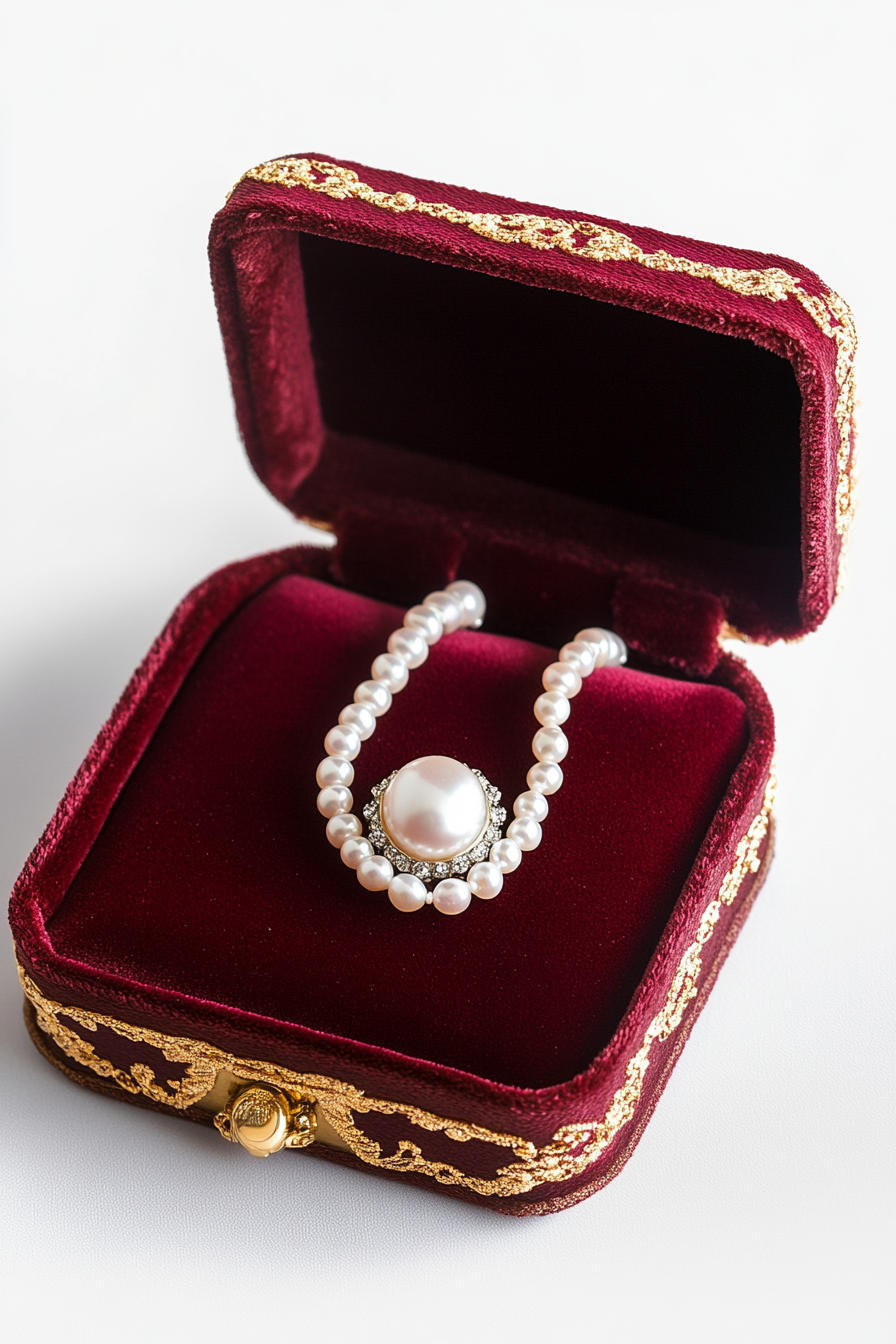 Wedding jewelry showcase. Velvet box with vintage pearl necklace.