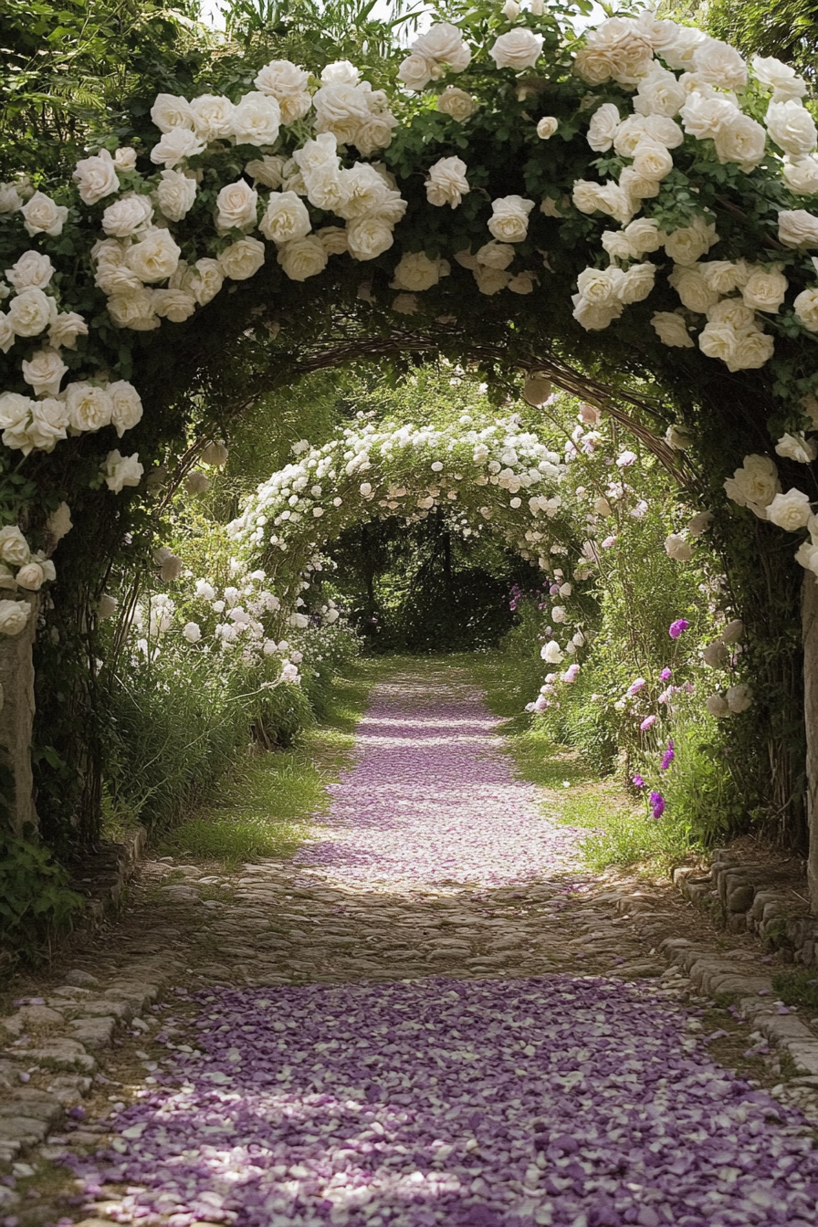 Wedding garden ceremony. White rose arches on Ivy-covered trellis, lavender petal pathway.