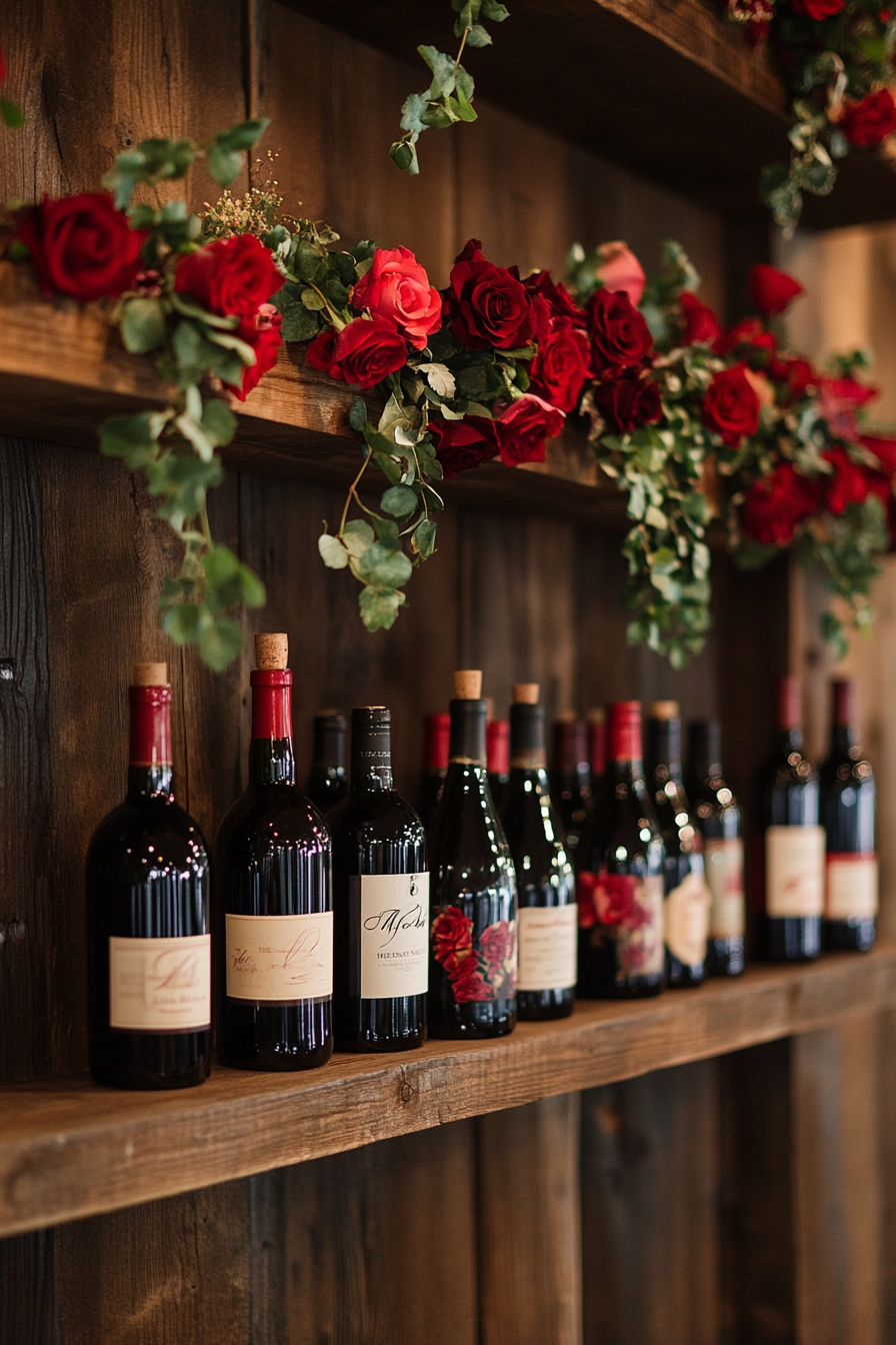 Wedding Bar Display. Floating shelves, clipped-on amaranth rose garlands with dew drops, burgundy wine selection.