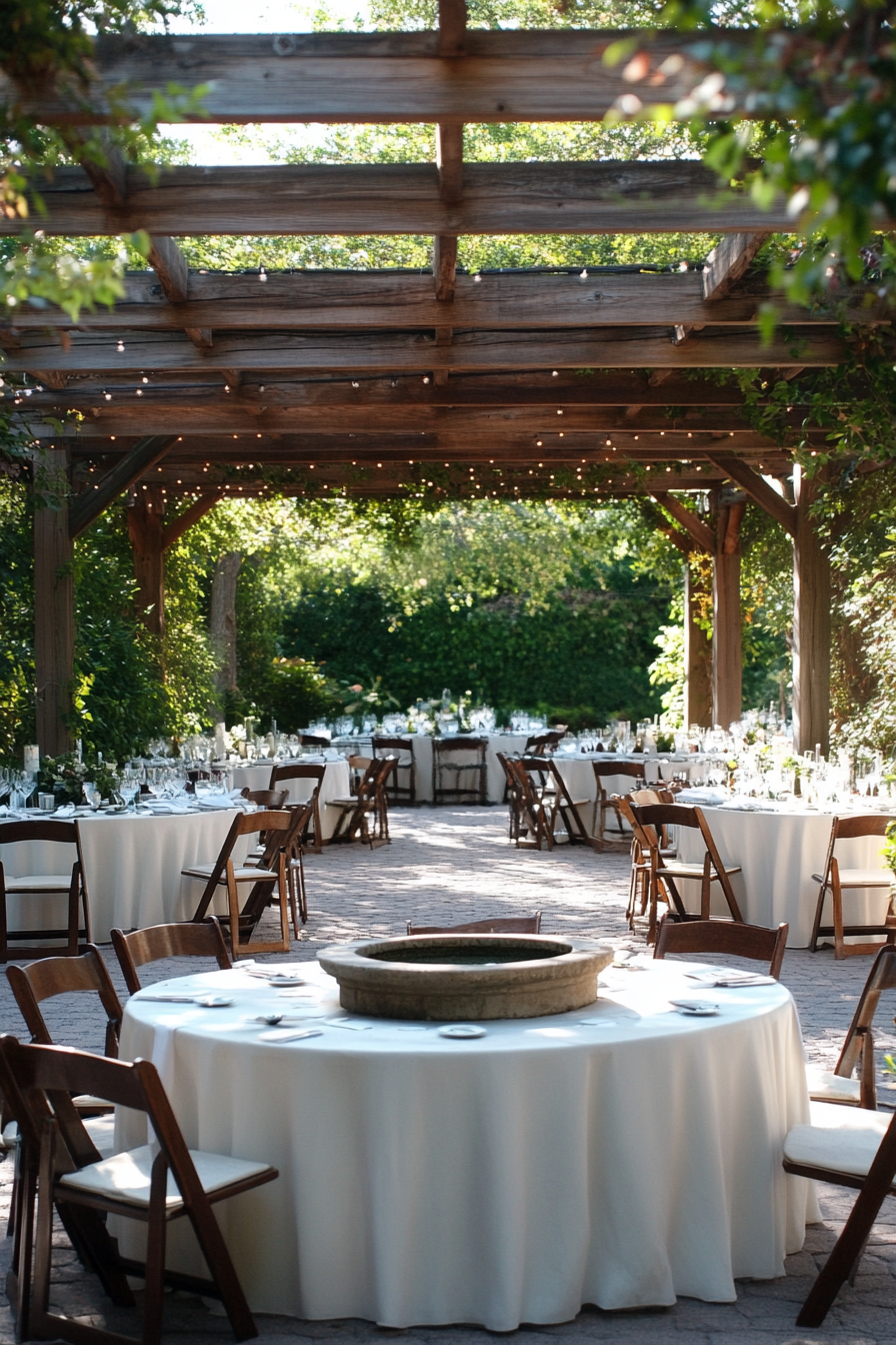 Wedding reception layout. Meta sequoia pergola arrangement viewing stone-bowl fountain.