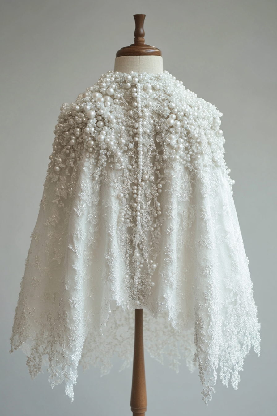 Wedding cape. Shimmering white with pearl-encrusted ice crystal details.