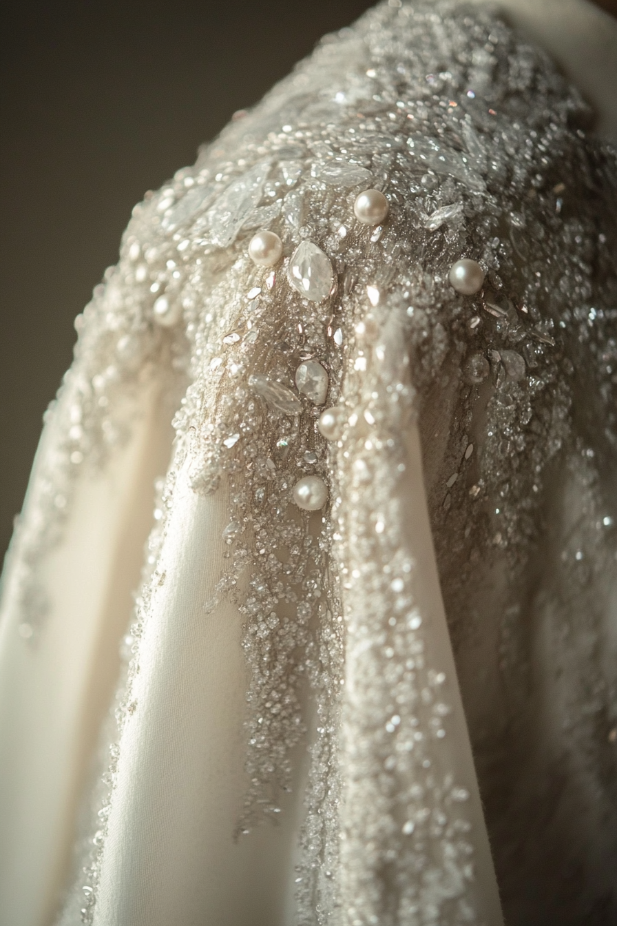 Wedding cape. Shimmering white with pearl-encrusted ice crystal details.