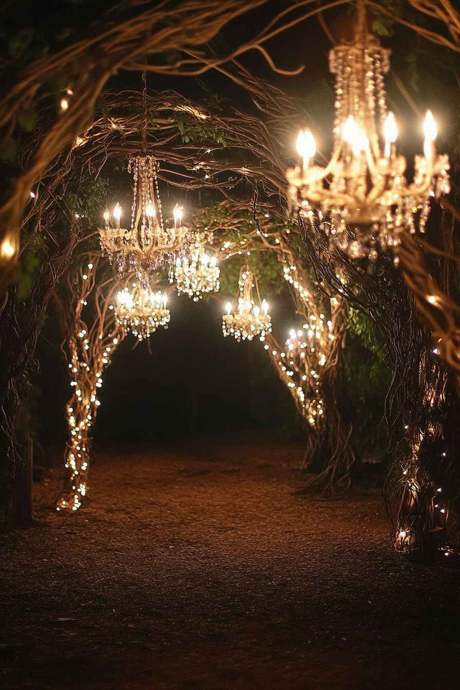 Wedding reception decor. Enchanting twisted vine light canopy with hanging crystal chandeliers.