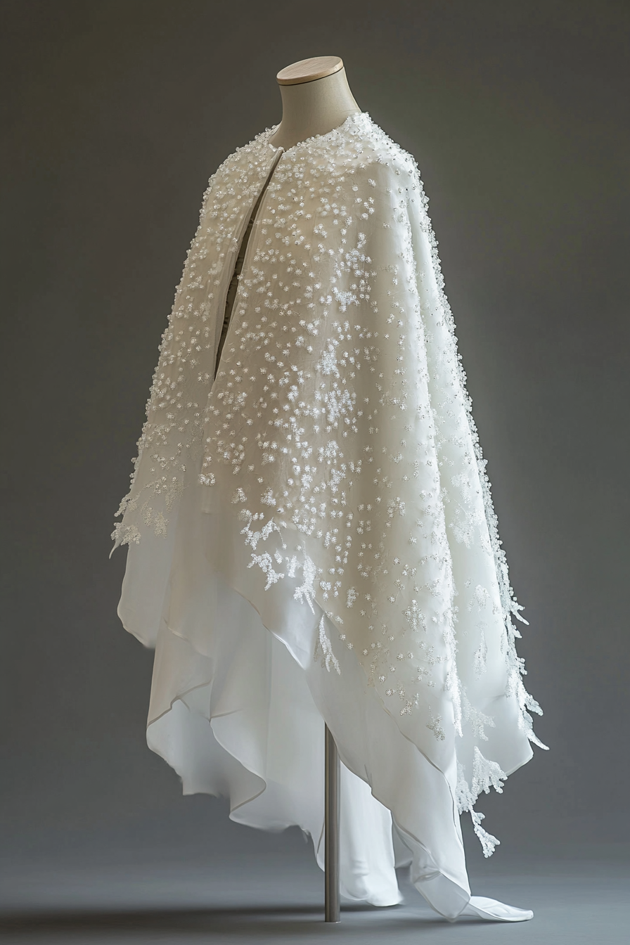 Wedding Cape. White shimmering fabric with pearl-encrusted ice crystal detail.