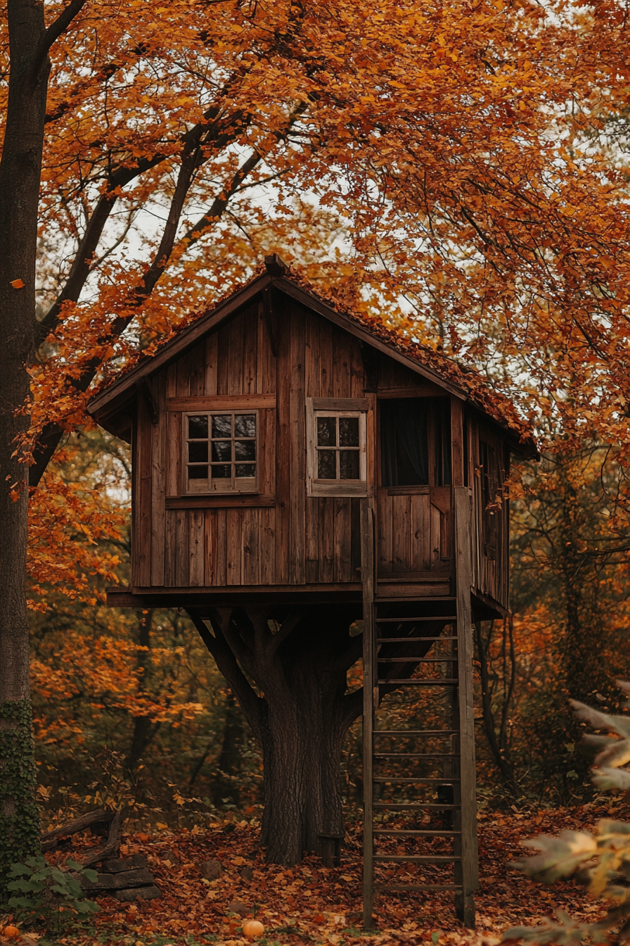 Small wedding venue concept. Rustic treehouse surrounded by autumn foliage.