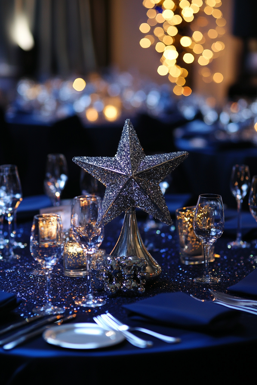 Wedding table. Midnight blue tablecloth with silver star-studded centrepiece.