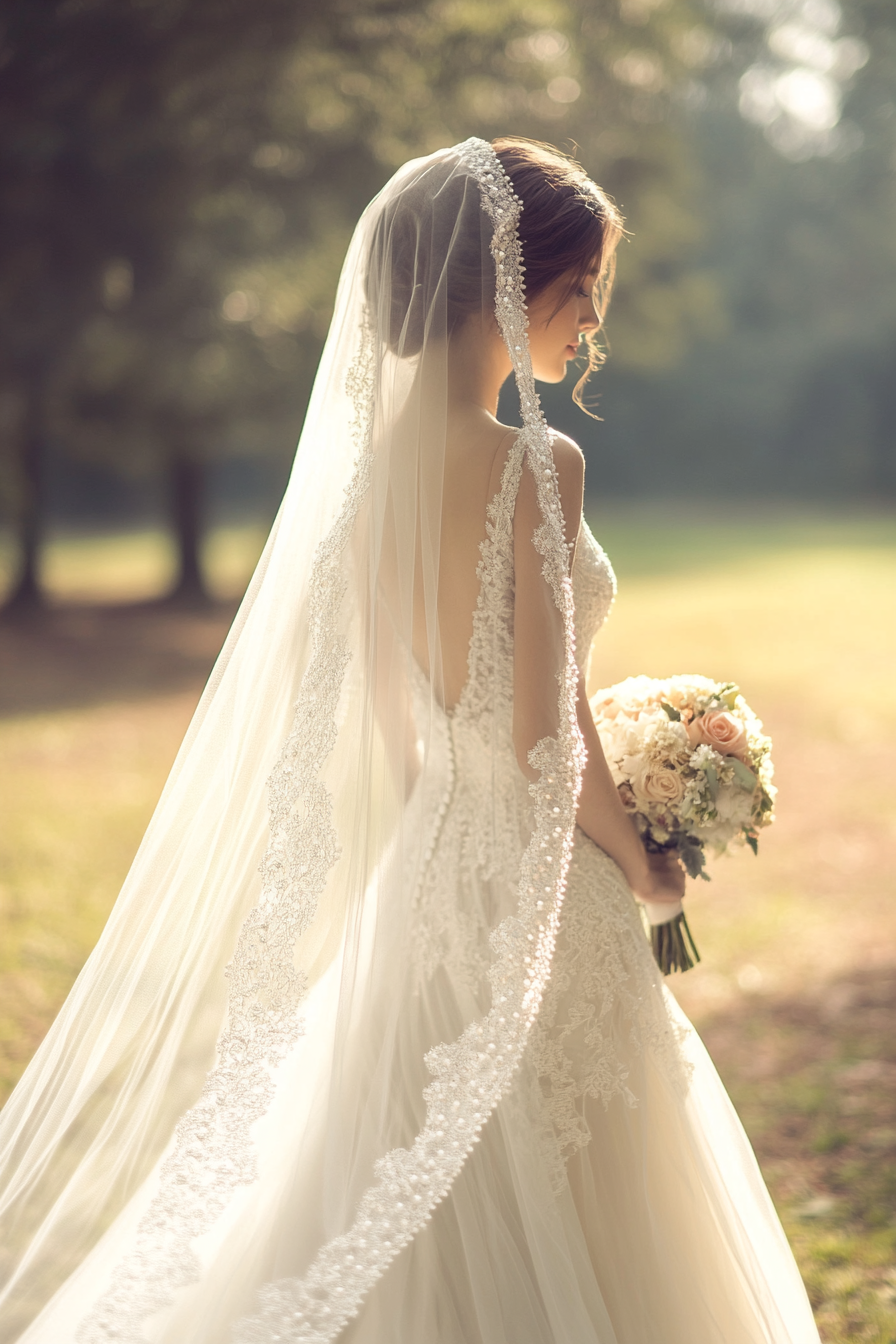 Cathedral length wedding veil. Pearl-dotted lace edges.