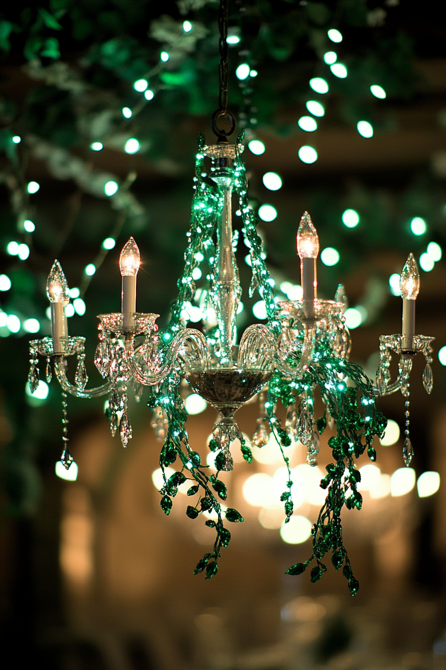 Wedding reception decor. Crystal chandelier entwined with emerald green twisted vine lights.