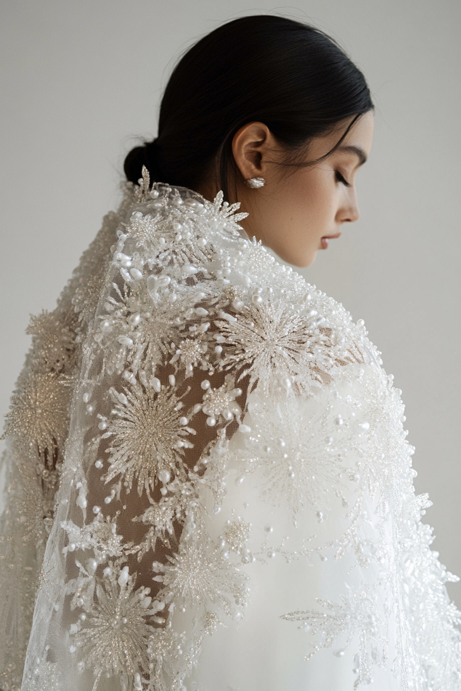 Wedding cape. Shimmering white with pearl-encrusted ice crystal reliefs.