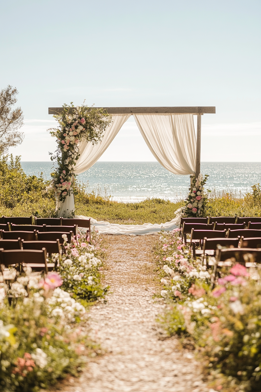 Small wedding venue concept. Oceanfront garden decorated with coastal botanicals and creamy drapes.