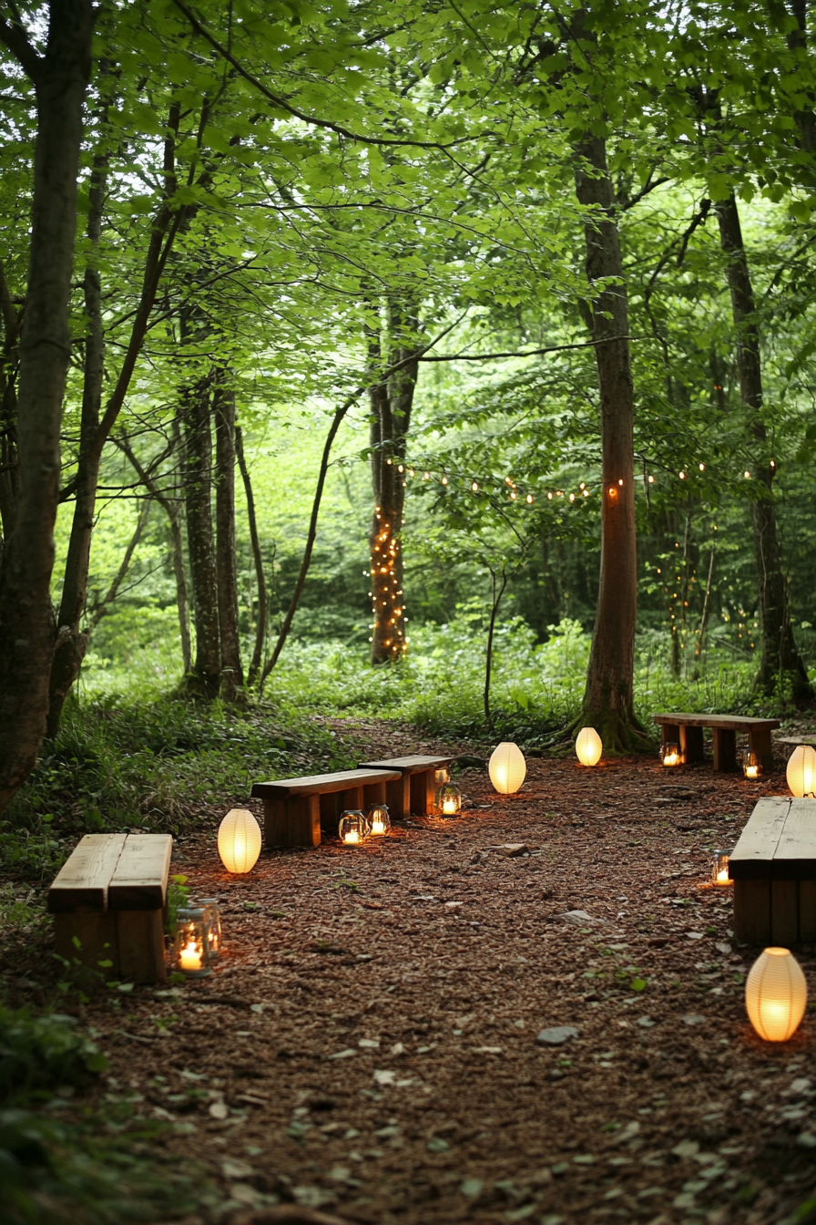 Small wedding venue concept. Romantic forest clearing with cream lanterns and wooden benches.