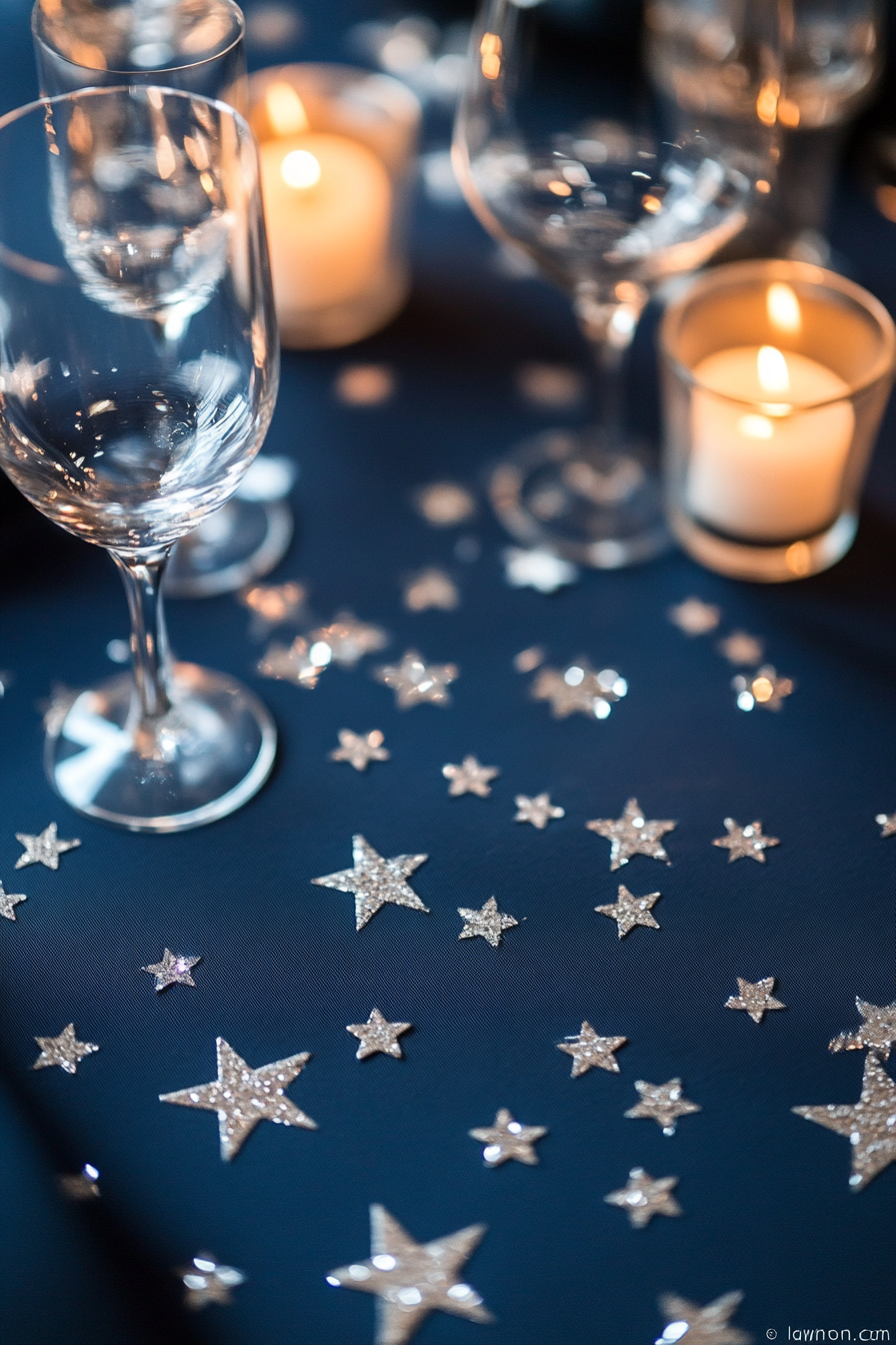 Wedding table. Midnight blue tablecloth with silver star confetti.