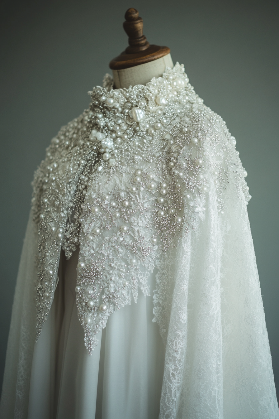 Wedding cape. Shimmering white, pearl-encrusted, with detailed ice crystals.