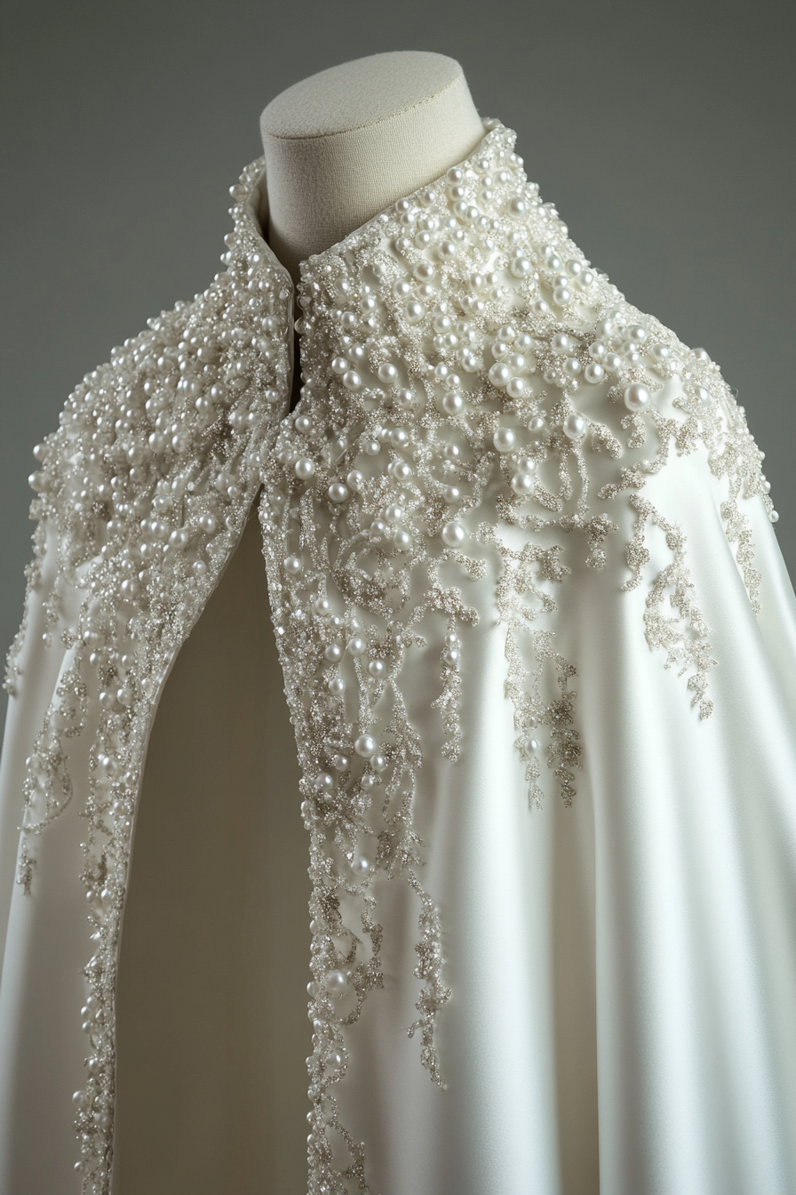 Wedding cape. Shimmering white satin, pearl-encrusted ice crystal detailing.