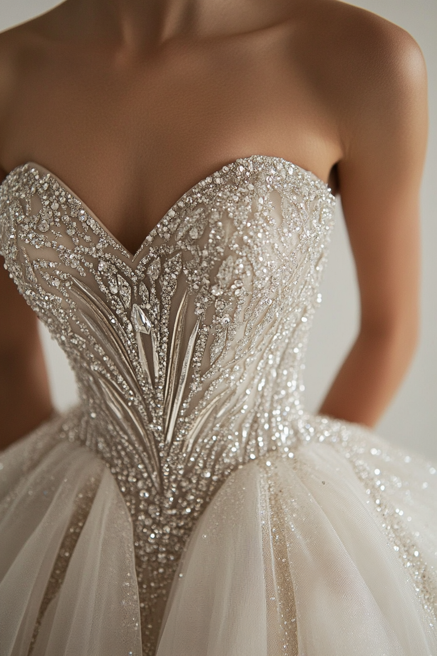 Wedding ballgown. Glittering tulle, crystal-draped bodice.