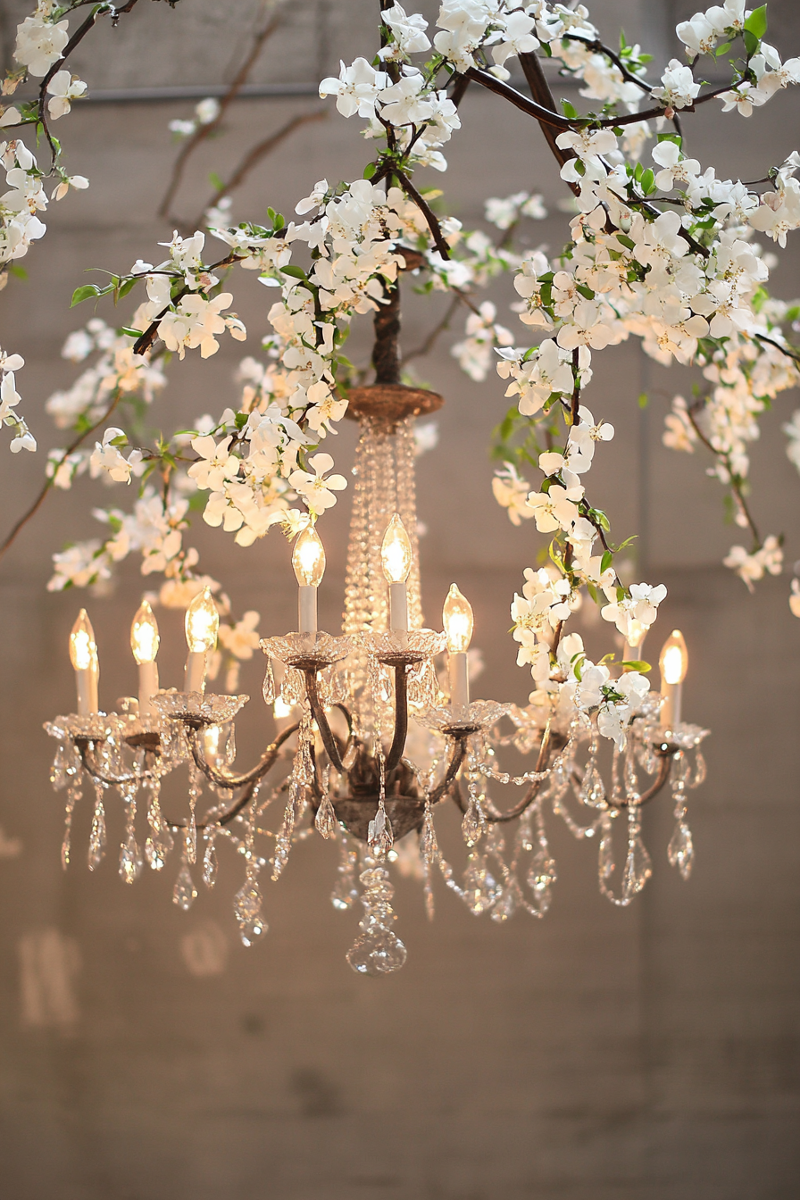 Wedding reception lighting. Crystal chandelier wrapped in white blooms and-jasmine vine.